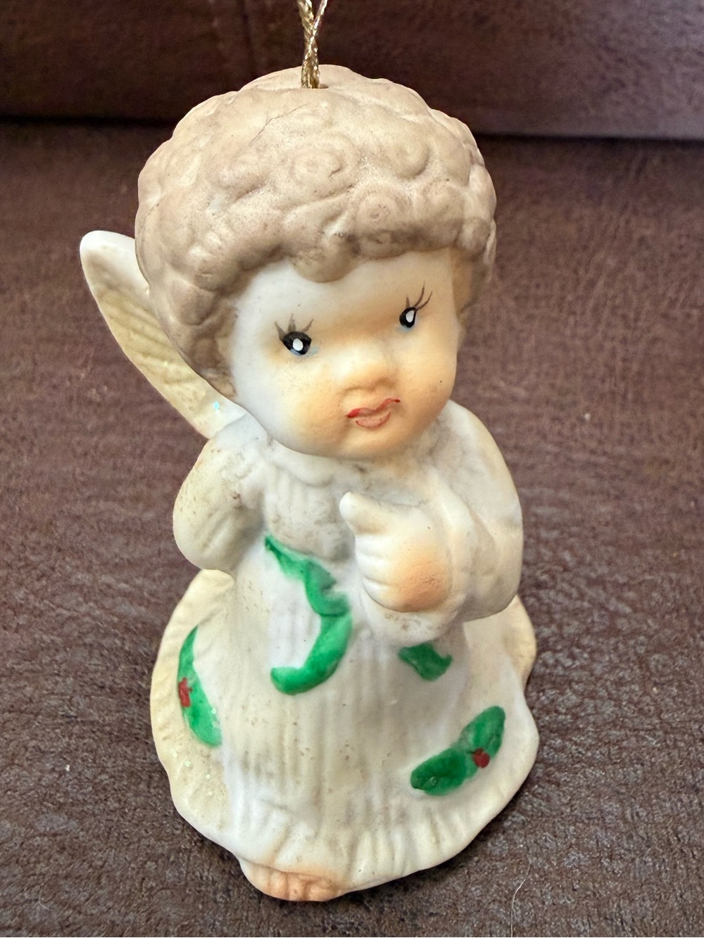 Vintage Ceramic Angel Ornament 3 Inches Tall White Gown And Holly Leaves